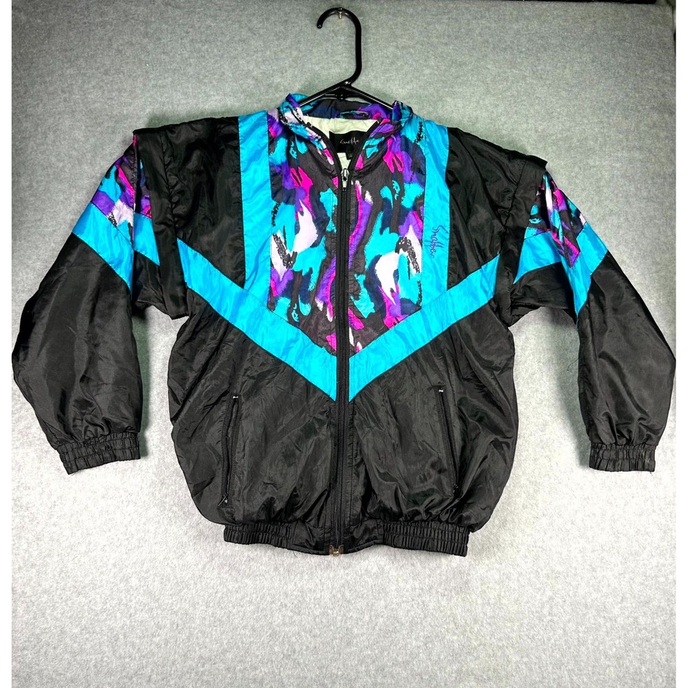Vintage 1990 Snapper Windbreaker Jacket Mens 140 Black Printed Retro Full Zipper